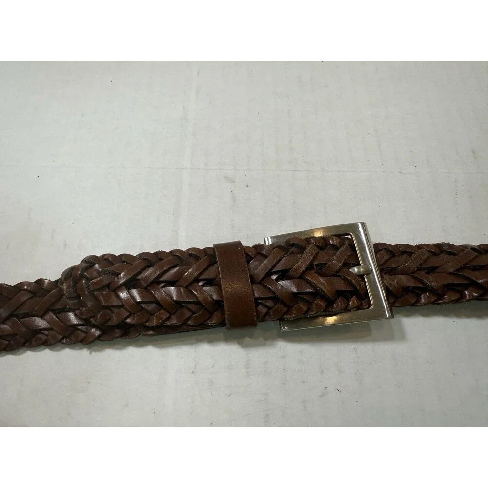 Braided Woven Leather Belt Nickel Tone‎ Brown Buckle Size L